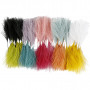 Artificial feathers, L: 15 cm, W: 8 cm, 10x10 packs, asstd. colours