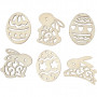 Wooden decorations, easter eggs and bunnies, H: 40 mm, thickness 3 mm, 24 pc/ 1 pack