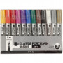 Glass & Porcelain Pen, line width: 1-2mm, 12 pcs, asstd colours