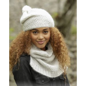 Cream Puff by DROPS Design - Knitted Hat and Neck Warmer Pattern size S - L